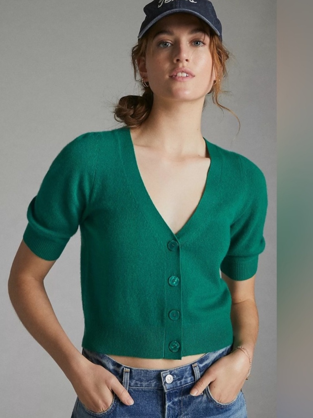 Maeve Anthropologie Green Beth Puff-Sleeved  V Neck Cashmere Cardigan Size S